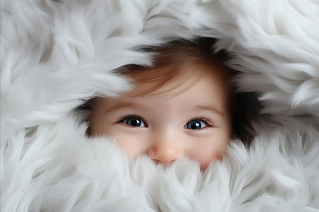 curious toddler with blue eyes peeking from under white blanket   copy space availableの素材