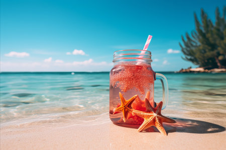 Tropical cocktail on beach with palm trees, shells, and clear blue sea   copy space for textの素材