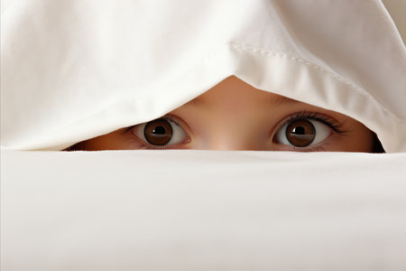 Curious child with captivating blue eyes peeks from white blanket, allowing for text placementの素材