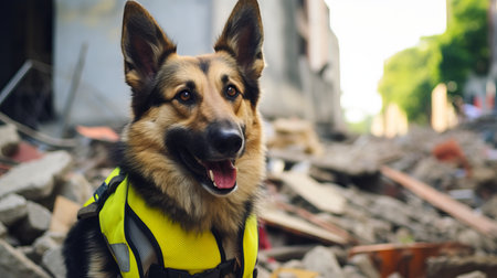 Rescue dog in signal vest searching destroyed building close up with blurred backgroundの素材