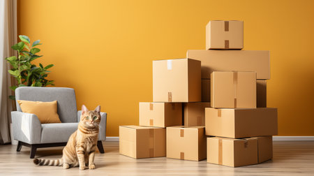 Excited cat exploring new home in donation concept, surrounded by stack of cardboard boxesの素材