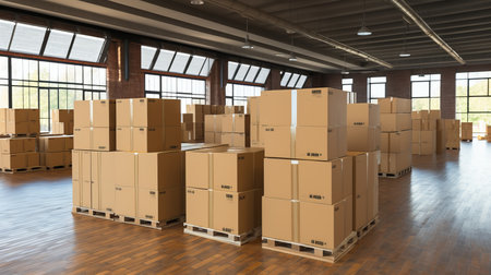 Moving to new home  donation concept   stack of cardboard boxes with cat sitting inside roomの素材