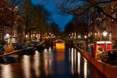 Amsterdam Canal Night Scene Long Exposure Photography for Saleの写真素材
