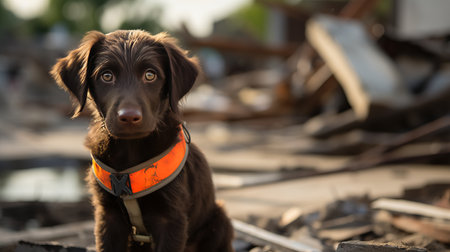 Rescue dog in signal vest searches destroyed building, close up with blurred background.の素材