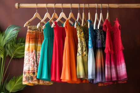 Stylish and trendy fashion garments showcased on a vibrant and colorful clothing rack closetの素材