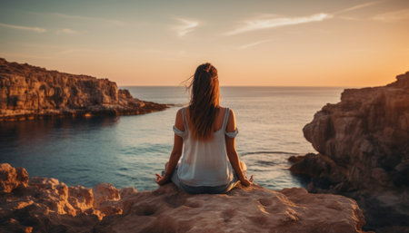 Serenity seeking woman practicing yoga on scenic seashore, finding inner peace and harmonyの素材