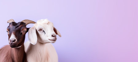 Happy goats in stylish fashion on pastel background with copy space for text placementの素材