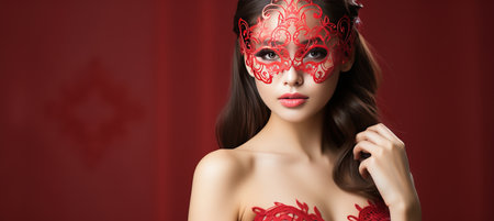 Colorful carnival mask on solid background with ample text space and a stylish woman wearing itの素材