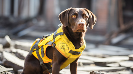 Search and rescue dog in signal vest on destroyed building with copy space for text placementの素材