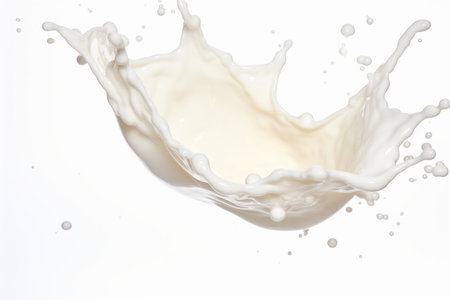 Fresh and creamy single splash of milk suspended in mid air, isolated on a pristine white backgroundの素材