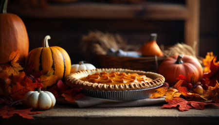 Scrumptious homemade pumpkin pie with autumnal spices on a charming rustic wooden backgroundの素材