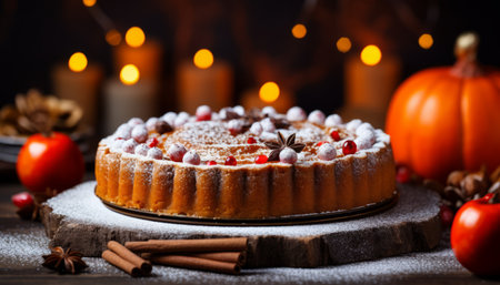 Homemade pumpkin pie on rustic wooden background, perfect for autumn and thanksgiving festivitiesの素材