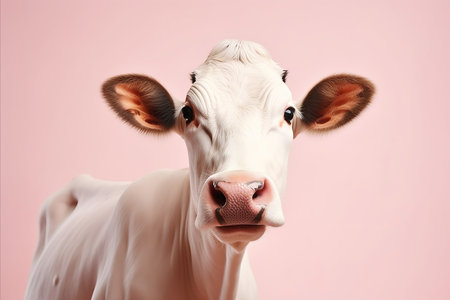 Happy dairy cattle on pastel background in fashion studio shot with ample space for text placementの素材