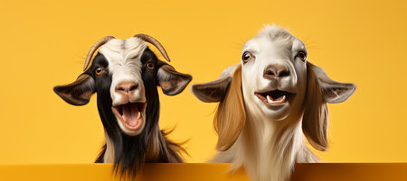 Stylish happy goats posed on solid pastel color background for fashion studio shot with copy spaceの素材