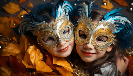 Vibrant kids in carnival masks on solid background with text space and creative design conceptsの素材