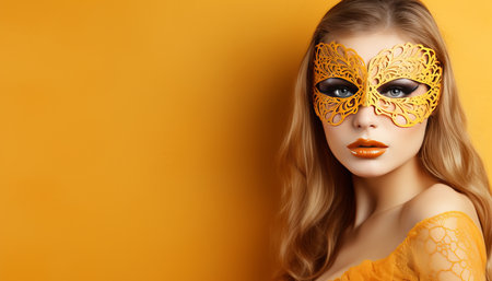 Mysterious young woman wearing carnival mask on vibrant background with space for textの素材