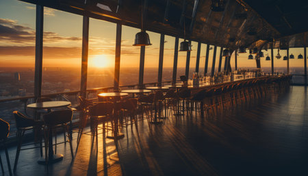 Sleek and trendy cafe restaurant featuring an open and airy layout with impressive panoramic windowsの素材