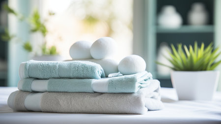Tranquil Spa oasis. Serene relaxation area adorned with towels in soothing shades of soft blueの素材