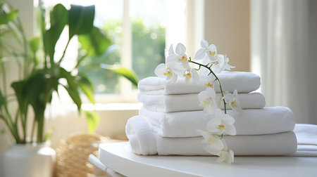 Luxurious Spa Retreat. Serene Atmosphere with Soft White Towels and Relaxing Ambianceの素材