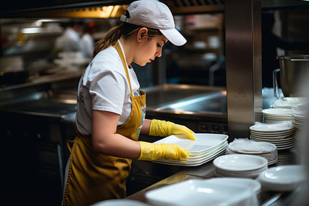 Close up of white tableware being washed by a black woman in a bright industrial kitchenの素材