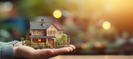 House model in hands on blurred background with copy space for insurance and bank loan conceptの素材