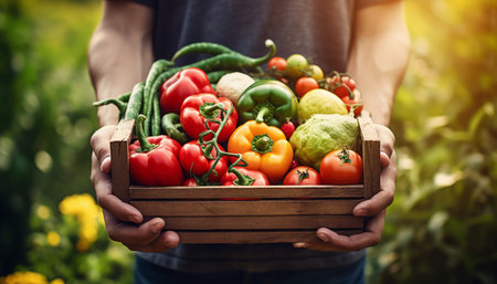 Freshly harvested organic vegetable assortment in wooden box on sunny outdoor farm tableの素材