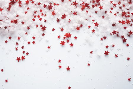 Christmas decor on white background   winter flatlay mockup for text placement in red and whiteの素材