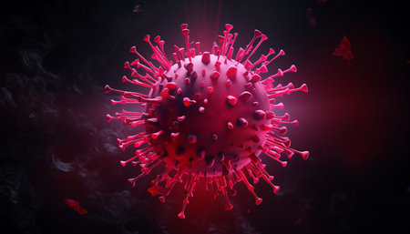 Flu covid 19 virus cell on outbreak background, symbolizing global coronavirus and influenza.の素材