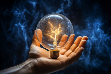 Innovative idea generation brainstorming and solutions with electric bulb on infographics backgroundの素材