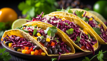 Gourmet seafood taco plate with fresh ingredients and colorful vegetables created by aiの素材