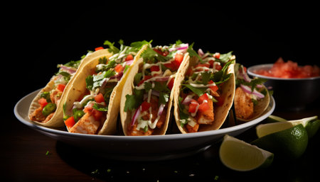Gourmet seafood taco plate with fresh ingredients and colorful vegetables, prepared by aiの素材