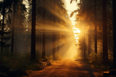 Mystical sunbeams in misty woodland with captivating sunlight rays illuminating the sceneの素材