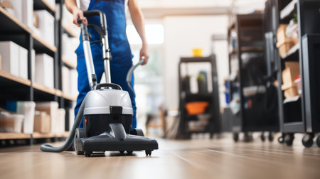 Office floor cleaning service with unrecognizable person and blurred office backgroundの素材