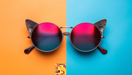 fashionable cat dancing with colorful attire and sunglasses on vibrant background   travel conceptの素材