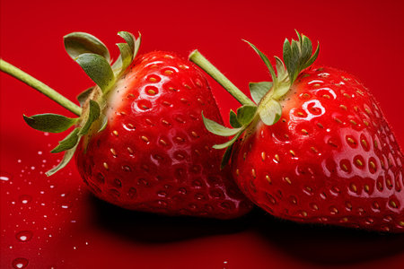 Juicy and luscious ripe strawberries artfully arranged on a captivating red backgroundの素材
