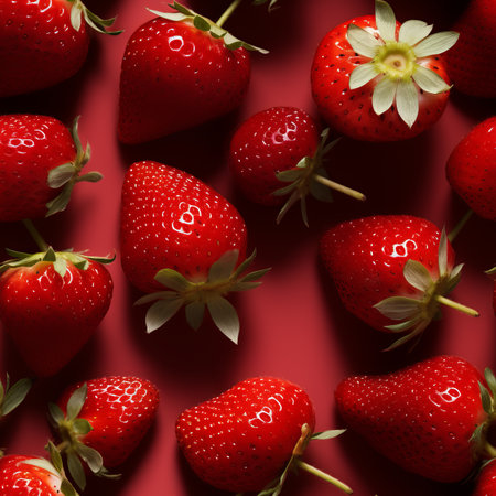 Fresh and luscious ripe strawberries, full of flavor, beautifully isolated on a vivid red backgroundの素材