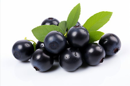 Scrumptious and succulent ripe huckleberry fruit beautifully displayed on a crisp white backgroundの素材