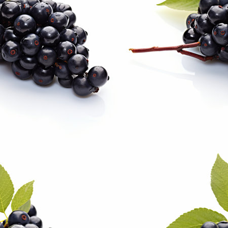 Delicious and plump ripe elderberries artistically captured on a pristine white backgroundの素材