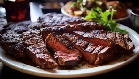 Tender ribeye steak slices, close up view showcasing mouthwatering tenderness and rich flavor.の素材