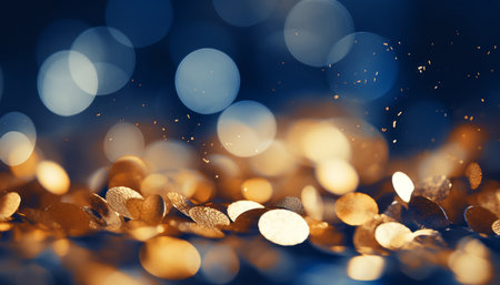 Christmas golden light particles bokeh on dark blue background with gold foil texture.の素材