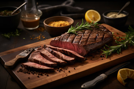 Savor the succulent tenderness high resolution image of expertly prepared ribeye steak slicesの素材