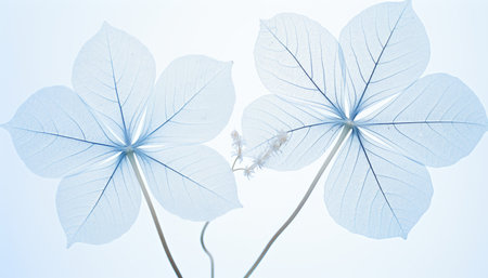 Enchanted botanical art delicate white skeletonized leaf on light blue background with bokehの素材
