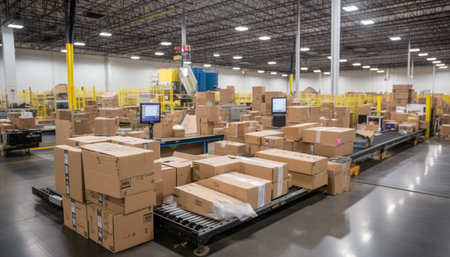 Efficient conveyor system moving cardboard box packages in a bustling warehouse fulfillment centerの素材