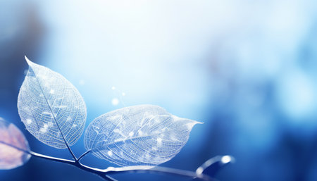 Enchanting botanical masterpiece delicate white leaf on light blue background with bokehの素材