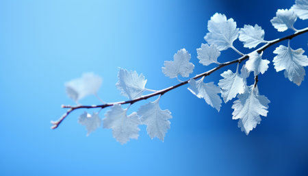 Ethereal beauty captivating white skeletonized leaf on light blue background with enchanting bokehの素材
