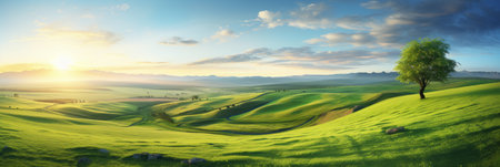 Captivating view of lush green fields under a serene blue sky with fluffy white cloudsの素材