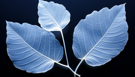 Enchanting botanical masterpiece delicately skeletonized white leaf on light blue bokeh backdropの素材