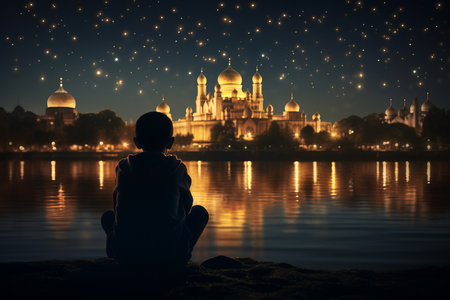 Serene Ramadan. Glowing moon, picturesque mosque, and family gathering for Iftarの素材