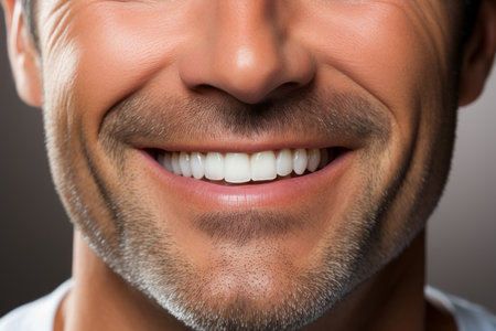 Flawless Smile. Close-Up of a Middle-Aged Mans Perfectly White Teeth After a Dental Procedureの素材