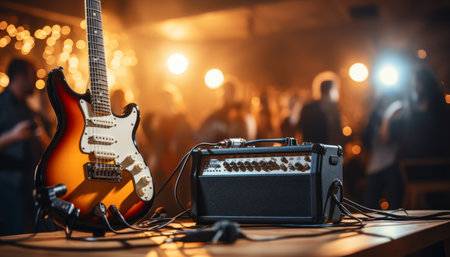 Dynamic music band performing live on concert stage with blurred background and guitarist in focusの素材